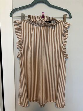 Ann Taylor Beige and White Striped Ruffle Mock Neck Camisole